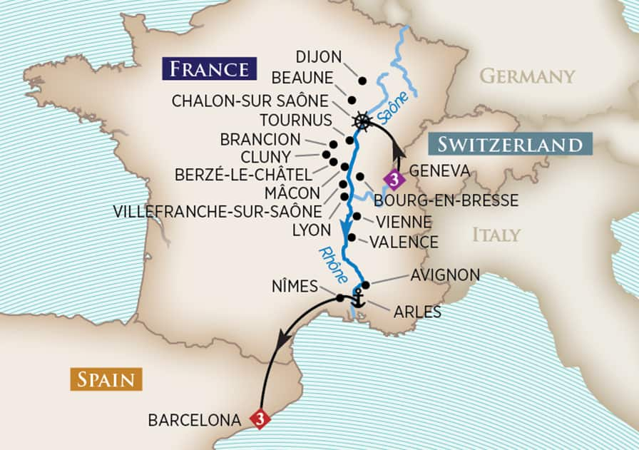 Essence of Burgundy Wine Cruise Itinerary Map