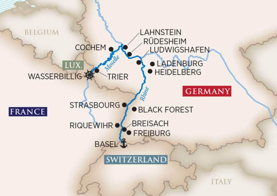 Rhine &amp; Moselle Splendors (Wine Cruise) Itinerary Map