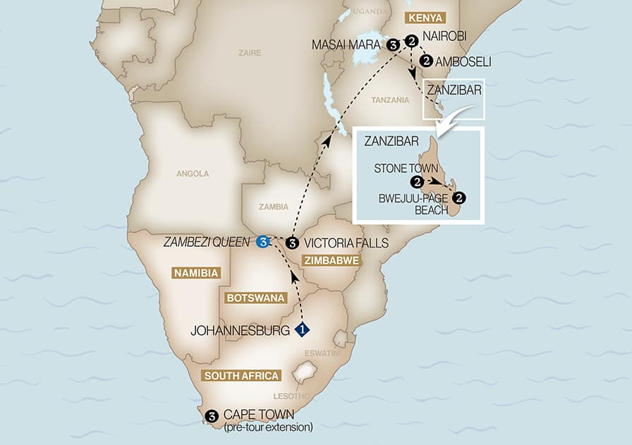 Classic Kenya & Southern Africa Itinerary Map