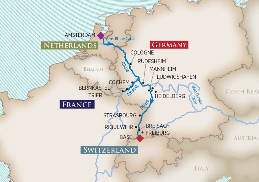 Itinerary map of Rhine & Moselle Fairytales (Amsterdam to Basel)