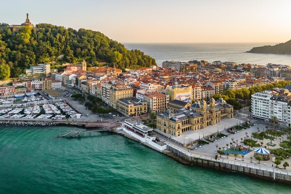 Aerial view of San Sebastian cityscape at sunrise in the Basque Country, northern Spain