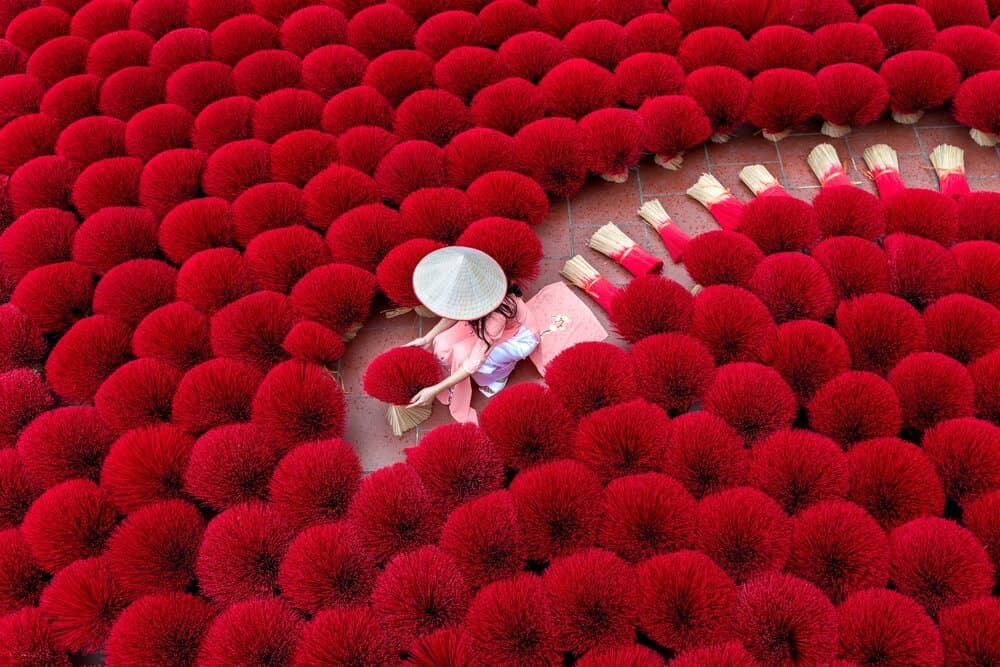 woman wearing ao dai dress with Incense sticks drying outdoor in Hanoi, Vietnam.