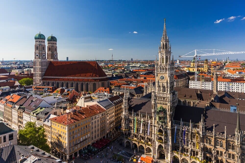 Aerial view on Marienplatz town hall and Frauenkirche in Munich, Germany