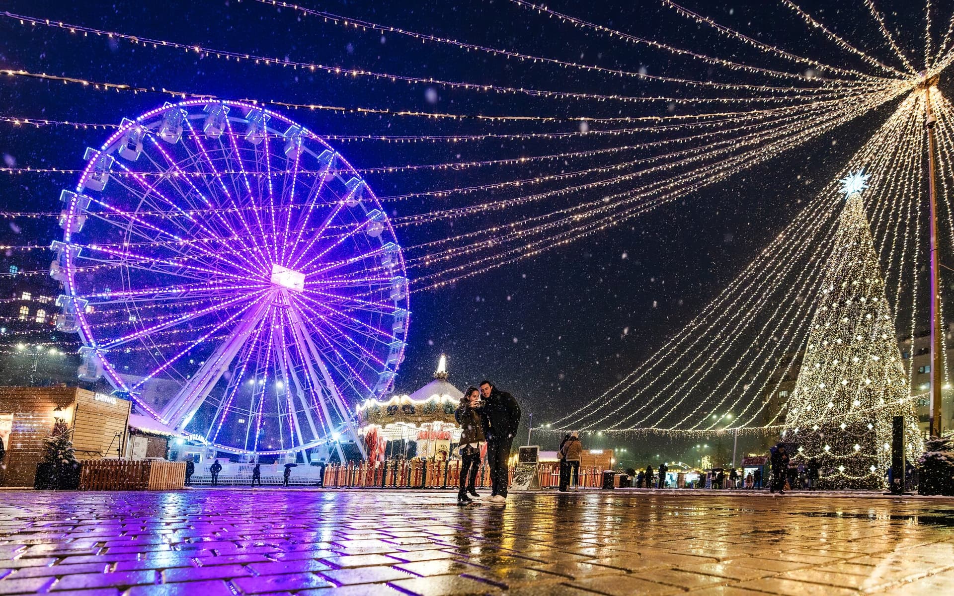 View of nighttime Christmas market in Brasov